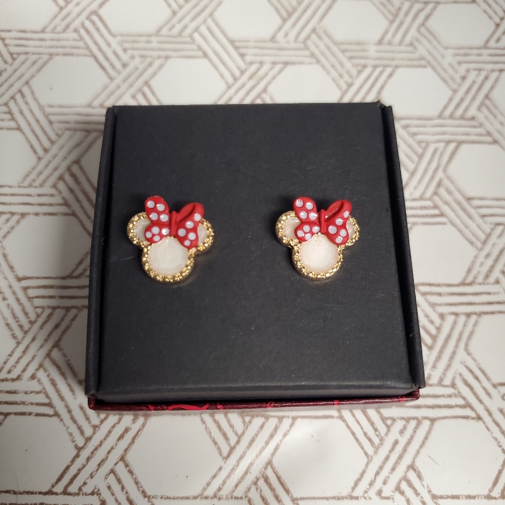 Gold Red Bow Knot Disney Mickey Minnie Mouse CZ Shell Stud Earrings NEW